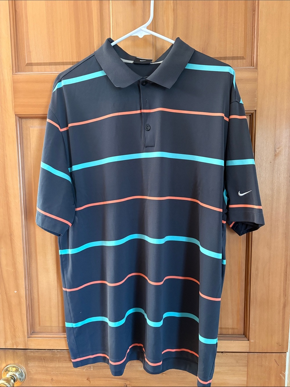 Nike Men’s Grey Polo with Teal and Coral Stripes